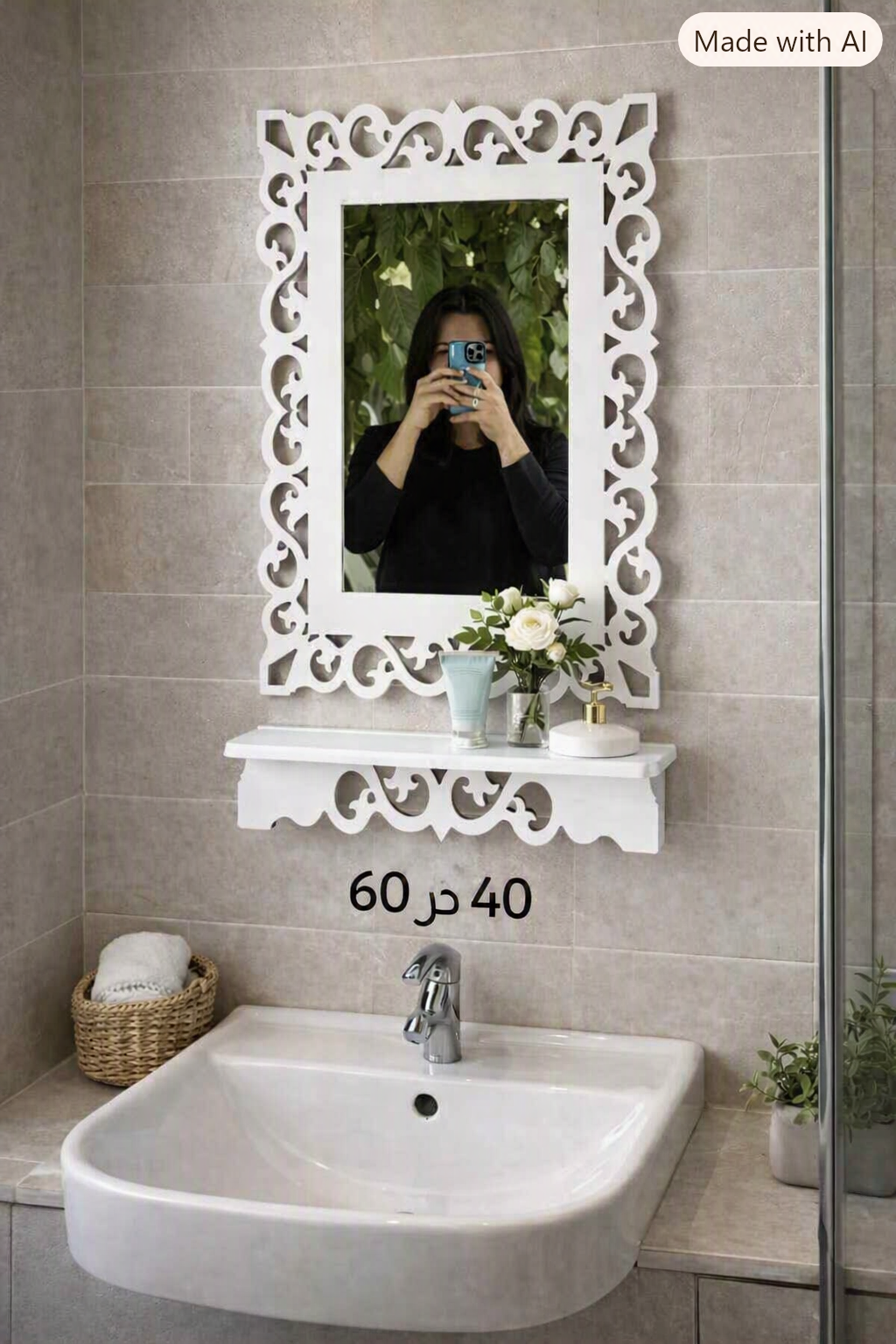 آینه شِلف متوسط مدل نیلوفر سایز با قاب 60×40 PVC ضدآب لوکس و کاربرد حمام، سرویس بهداشتی و اتاق خواب