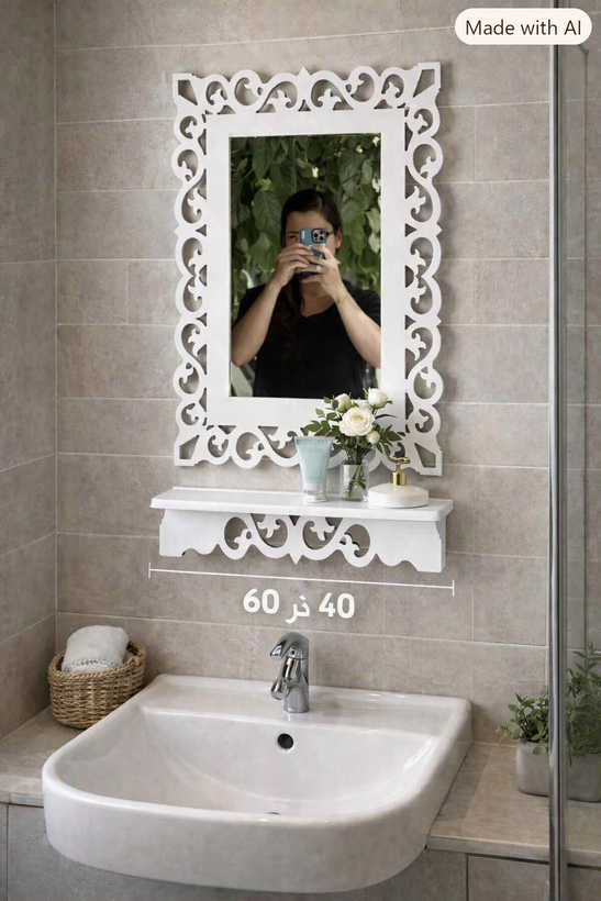 آینه شِلف متوسط مدل نیلوفر سایز با قاب 60×40 PVC ضدآب لوکس و کاربرد حمام، سرویس بهداشتی و اتاق خواب