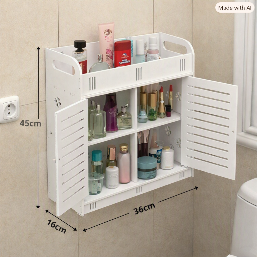 شِلف باکس کابنیتی دیواری سایز متوسط حمام ضدآب PVC نانو مدل درب‌ کامل