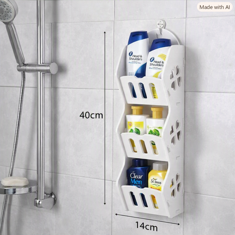 شلف سه طبقه همهکاره مدل شیو سایز متوسط ضدآب با قابلیت آویز حوله و لیف جنس PVC درجه یک قابل شستشو