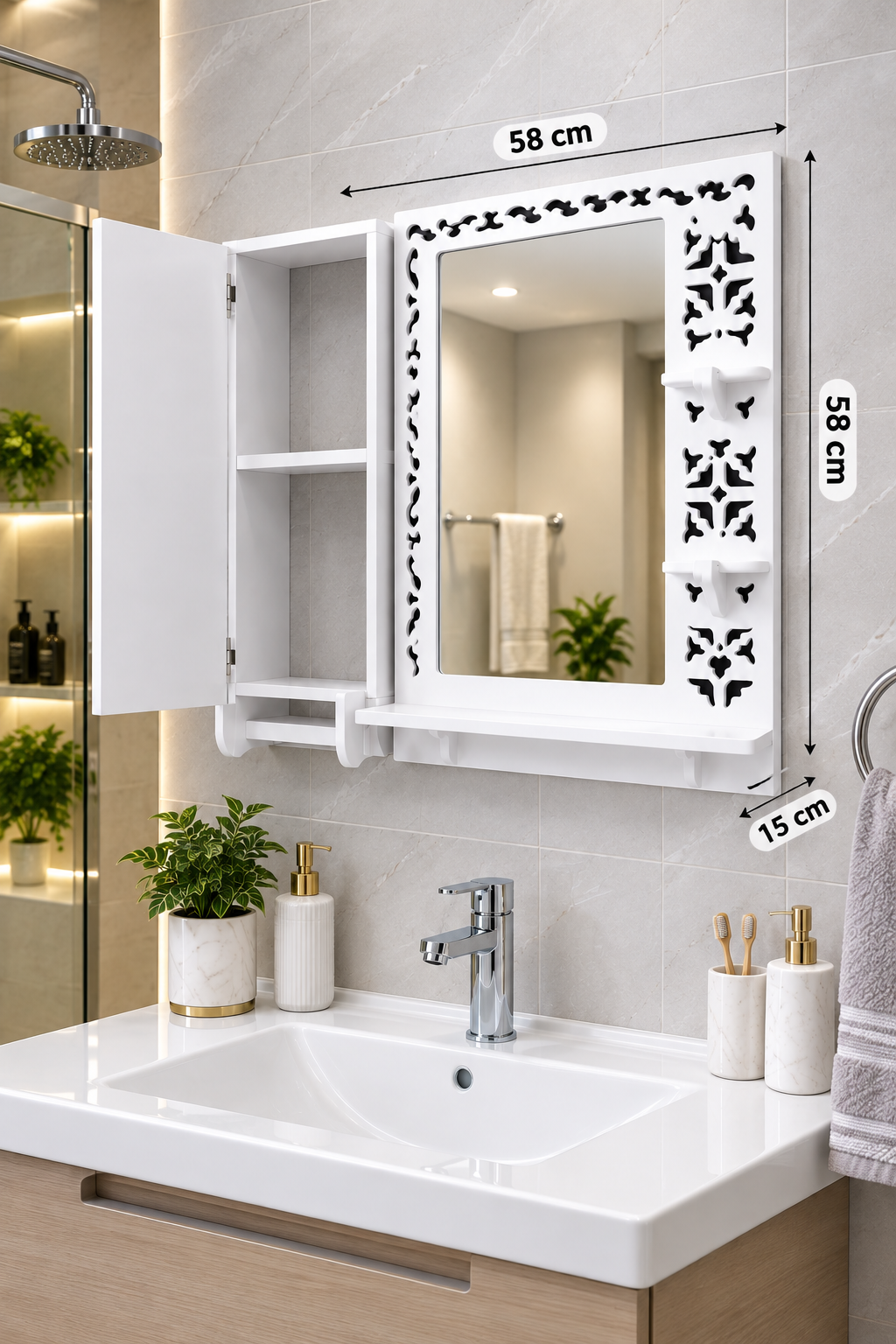 آینه شِلف باکس‌دار ضدآب PVC سایز بزرگ مناسب حمام و سرویس بهداشتی