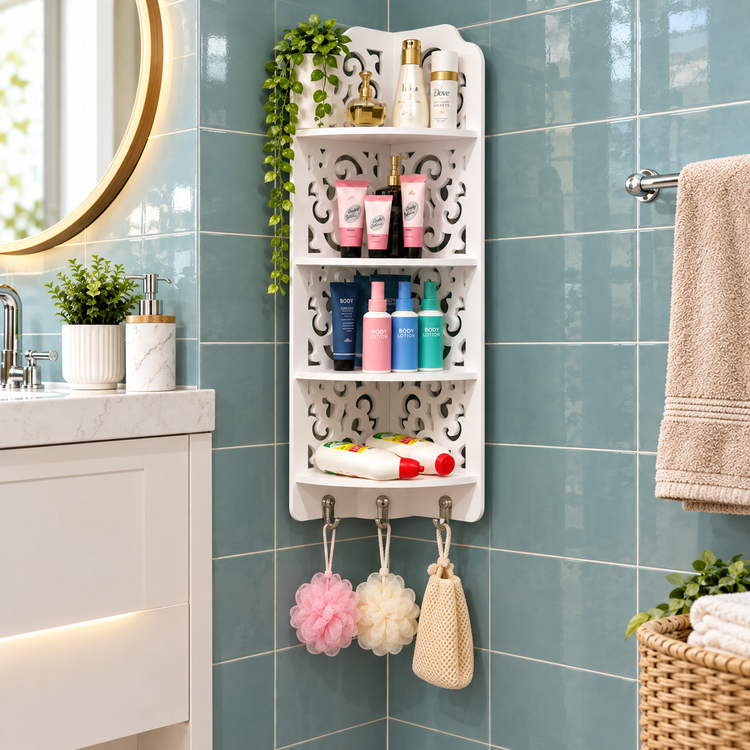 استند شلف کنجی گلدار 4 طبقه زمینی و دیواری مناسب حمام و توالت ضدآب
